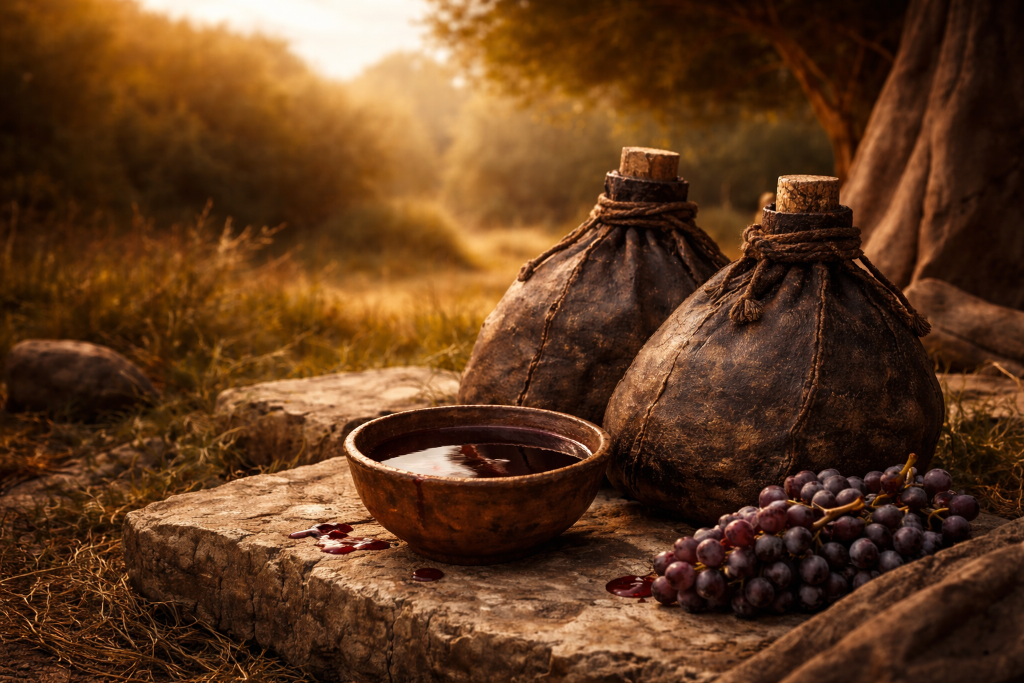 Old wineskin cracked open beside a glowing modern vessel — the metaphor of creative destruction in software