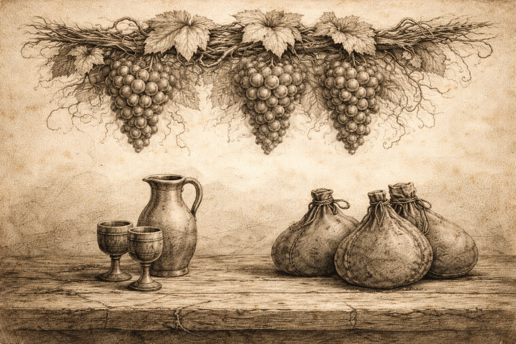 Vintage engraving of wineskins, barrel, grapes and goblets — the old wineskin parable